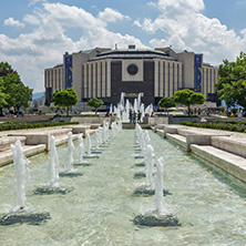 SOFIA, BULGARIA -MAY 20, 2018: Fountains in front of  National Palace of Culture in Sofia, Bulgaria