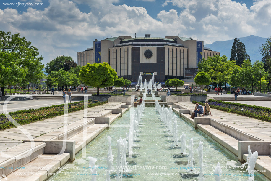 SOFIA, BULGARIA -MAY 20, 2018: Fountains in front of  National Palace of Culture in Sofia, Bulgaria