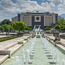 SOFIA, BULGARIA -MAY 20, 2018: Fountains in front of  National Palace of Culture in Sofia, Bulgaria