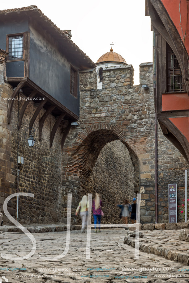 PLOVDIV, BULGARIA - MAY 24, 2018: Night photo of Hisar Kapia - Ancient gate in Plovdiv old town, Bulgaria