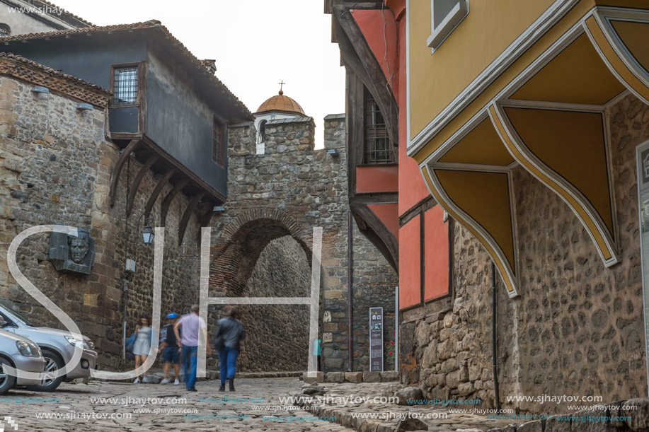 PLOVDIV, BULGARIA - MAY 24, 2018: Night photo of Hisar Kapia - Ancient gate in Plovdiv old town, Bulgaria