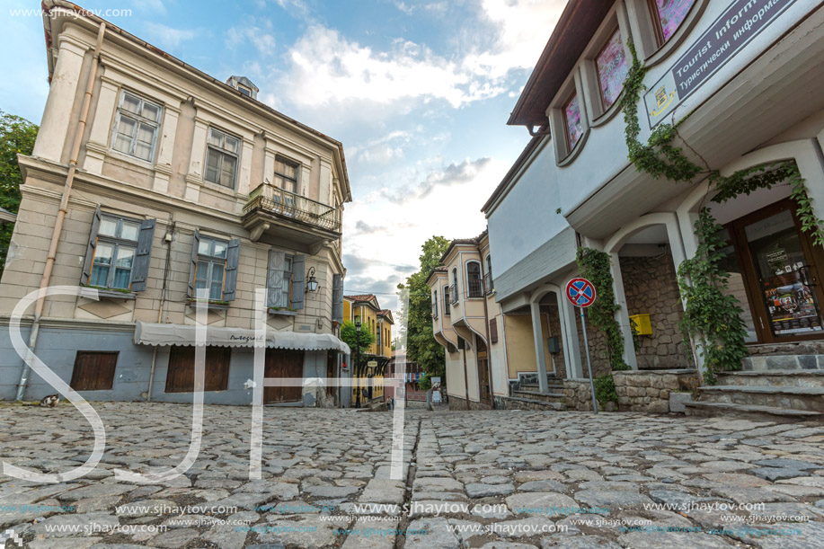 PLOVDIV, BULGARIA - MAY 24, 2018: Sunset view of House from the period of Bulgarian Revival in old town of Plovdiv, Bulgaria