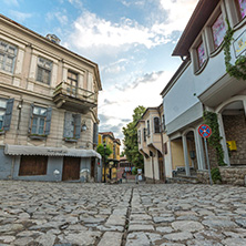 PLOVDIV, BULGARIA - MAY 24, 2018: Sunset view of House from the period of Bulgarian Revival in old town of Plovdiv, Bulgaria