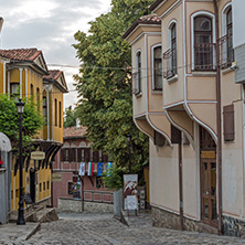 PLOVDIV, BULGARIA - MAY 24, 2018: Sunset view of House from the period of Bulgarian Revival in old town of Plovdiv, Bulgaria