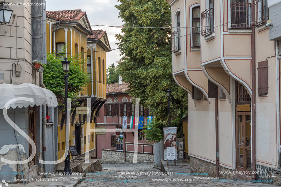 PLOVDIV, BULGARIA - MAY 24, 2018: Sunset view of House from the period of Bulgarian Revival in old town of Plovdiv, Bulgaria