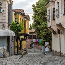 PLOVDIV, BULGARIA - MAY 24, 2018: Sunset view of House from the period of Bulgarian Revival in old town of Plovdiv, Bulgaria