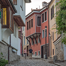PLOVDIV, BULGARIA - MAY 24, 2018: Sunset view of House from the period of Bulgarian Revival in old town of Plovdiv, Bulgaria