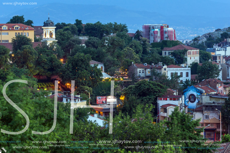 PLOVDIV, BULGARIA - MAY 24, 2018: Amazing Night Panorama to City of Plovdiv from Nebet Tepe hill, Bulgaria