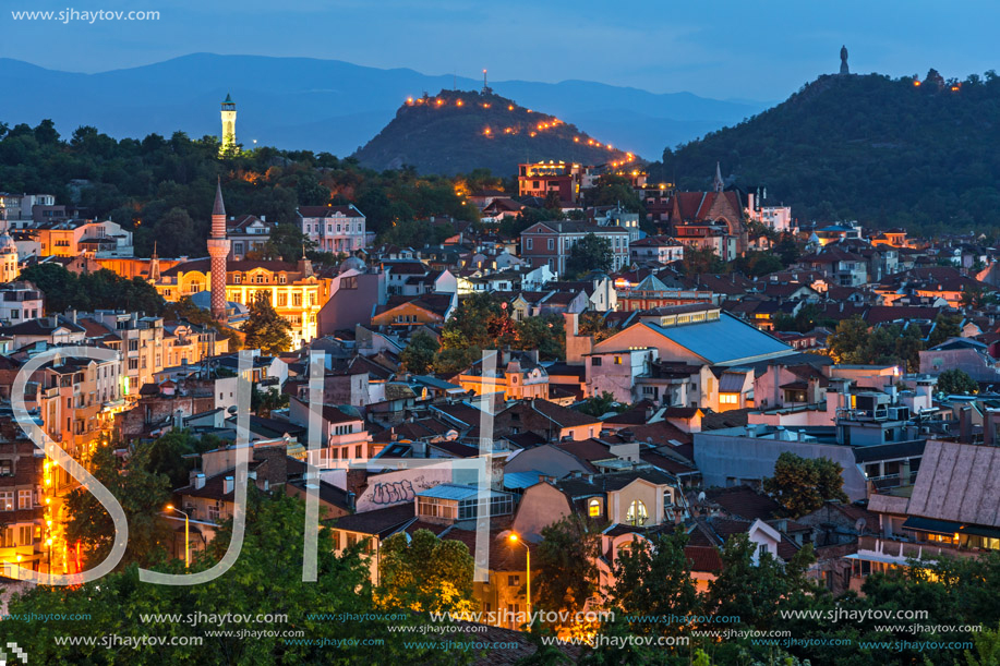 PLOVDIV, BULGARIA - MAY 24, 2018: Amazing Night Panorama to City of Plovdiv from Nebet Tepe hill, Bulgaria