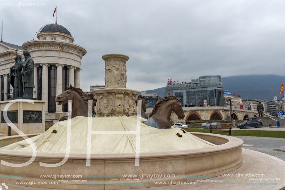 SKOPJE, REPUBLIC OF MACEDONIA - FEBRUARY 24, 2018:  Skopje City Center and Archaeological Museum, Republic of Macedonia