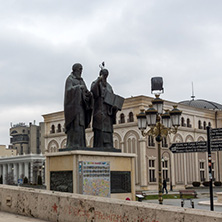 SKOPJE, REPUBLIC OF MACEDONIA - FEBRUARY 24, 2018:  Monument of St. Cyril and Methodius and Archaeological Museum in city of  Skopje, Republic of Macedonia