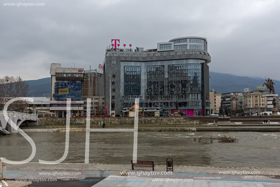 SKOPJE, REPUBLIC OF MACEDONIA - FEBRUARY 24, 2018: River Vardar passing through City of Skopje center, Republic of Macedonia