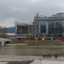 SKOPJE, REPUBLIC OF MACEDONIA - FEBRUARY 24, 2018: River Vardar passing through City of Skopje center, Republic of Macedonia