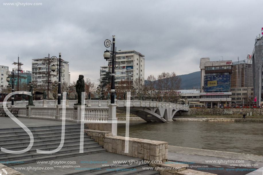 SKOPJE, REPUBLIC OF MACEDONIA - FEBRUARY 24, 2018: River Vardar passing through City of Skopje center, Republic of Macedonia