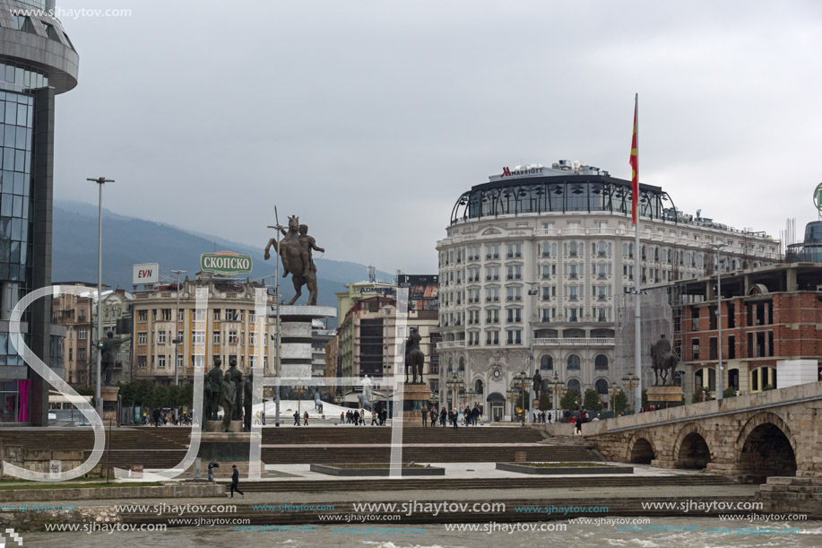 SKOPJE, REPUBLIC OF MACEDONIA - FEBRUARY 24, 2018: River Vardar passing through City of Skopje center, Republic of Macedonia