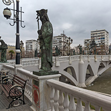 SKOPJE, REPUBLIC OF MACEDONIA - FEBRUARY 24, 2018:  The Bridge of Civilizations and Vardar River in city of  Skopje, Republic of Macedonia