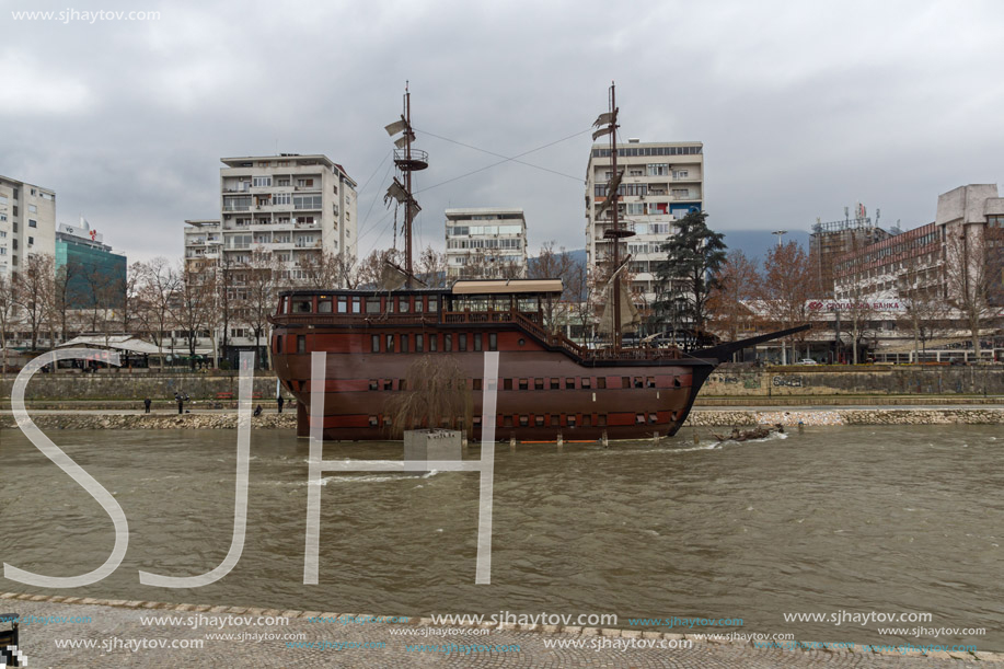 SKOPJE, REPUBLIC OF MACEDONIA - FEBRUARY 24, 2018: River Vardar passing through City of Skopje center, Republic of Macedonia