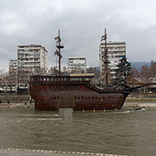 SKOPJE, REPUBLIC OF MACEDONIA - FEBRUARY 24, 2018: River Vardar passing through City of Skopje center, Republic of Macedonia