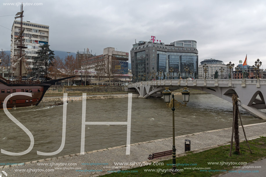 SKOPJE, REPUBLIC OF MACEDONIA - FEBRUARY 24, 2018: River Vardar passing through City of Skopje center, Republic of Macedonia