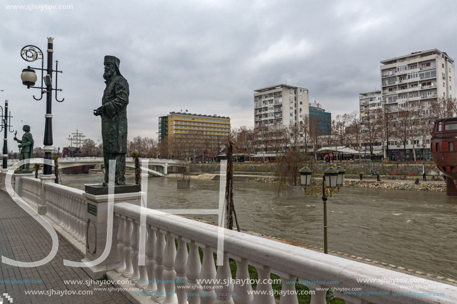 SKOPJE, REPUBLIC OF MACEDONIA - FEBRUARY 24, 2018: River Vardar passing through City of Skopje center, Republic of Macedonia