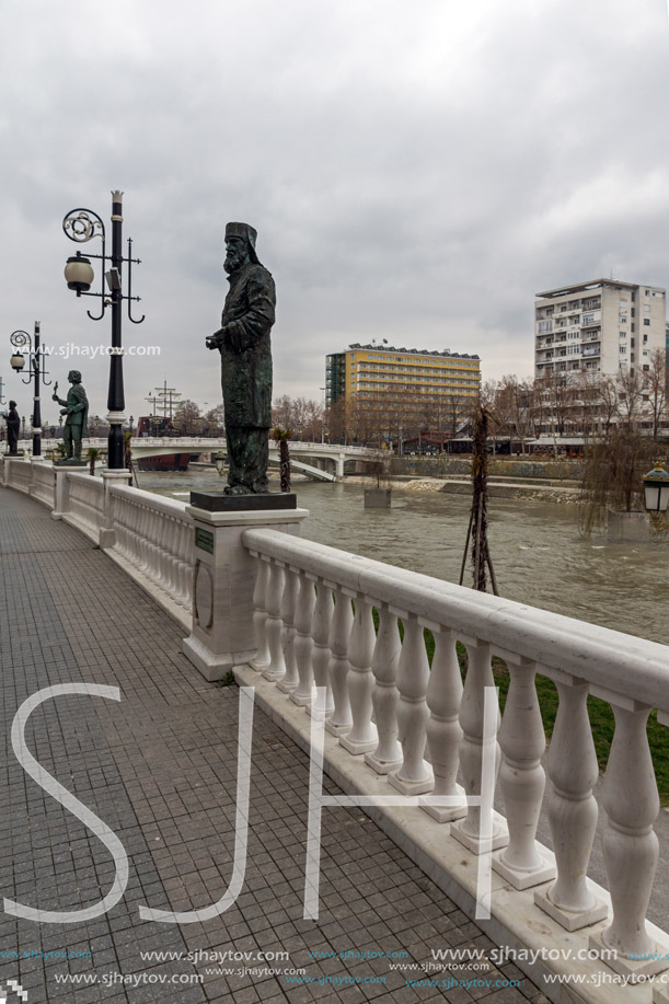 SKOPJE, REPUBLIC OF MACEDONIA - FEBRUARY 24, 2018: River Vardar passing through City of Skopje center, Republic of Macedonia