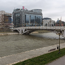 SKOPJE, REPUBLIC OF MACEDONIA - FEBRUARY 24, 2018: River Vardar passing through City of Skopje center, Republic of Macedonia