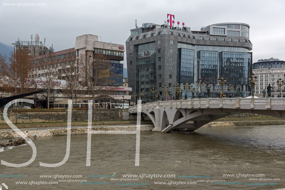 SKOPJE, REPUBLIC OF MACEDONIA - FEBRUARY 24, 2018: River Vardar passing through City of Skopje center, Republic of Macedonia