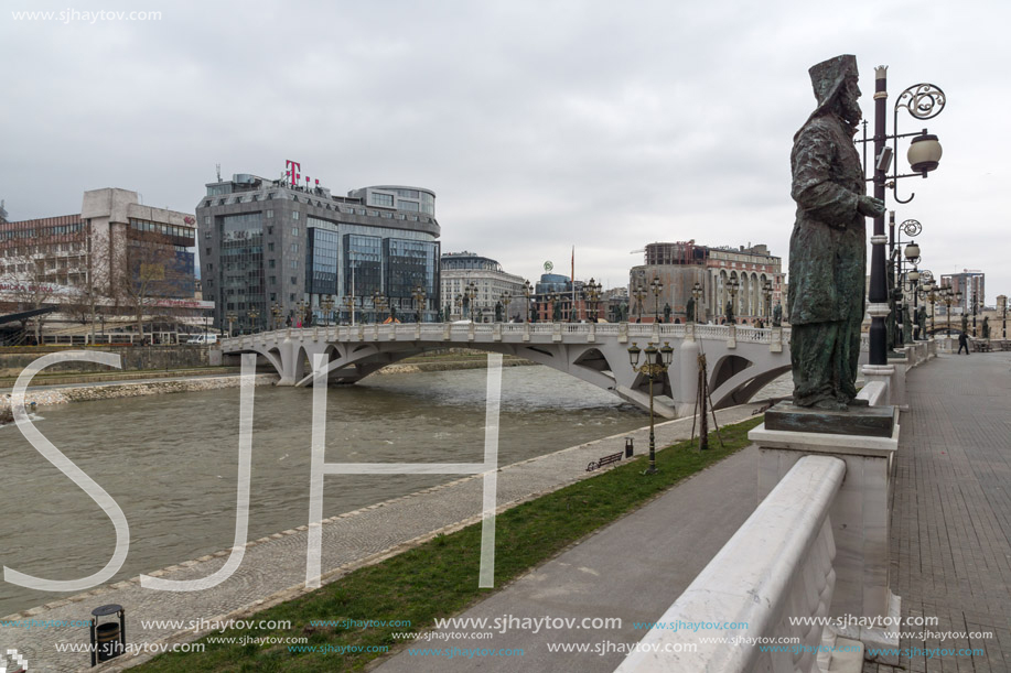 SKOPJE, REPUBLIC OF MACEDONIA - FEBRUARY 24, 2018: River Vardar passing through City of Skopje center, Republic of Macedonia