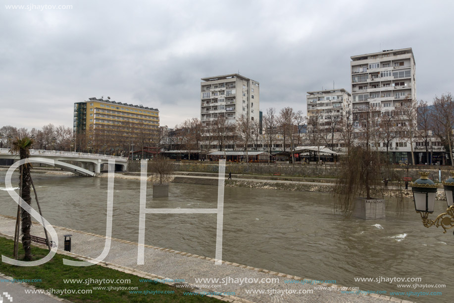 SKOPJE, REPUBLIC OF MACEDONIA - FEBRUARY 24, 2018: River Vardar passing through City of Skopje center, Republic of Macedonia