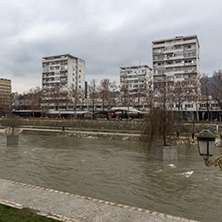 SKOPJE, REPUBLIC OF MACEDONIA - FEBRUARY 24, 2018: River Vardar passing through City of Skopje center, Republic of Macedonia