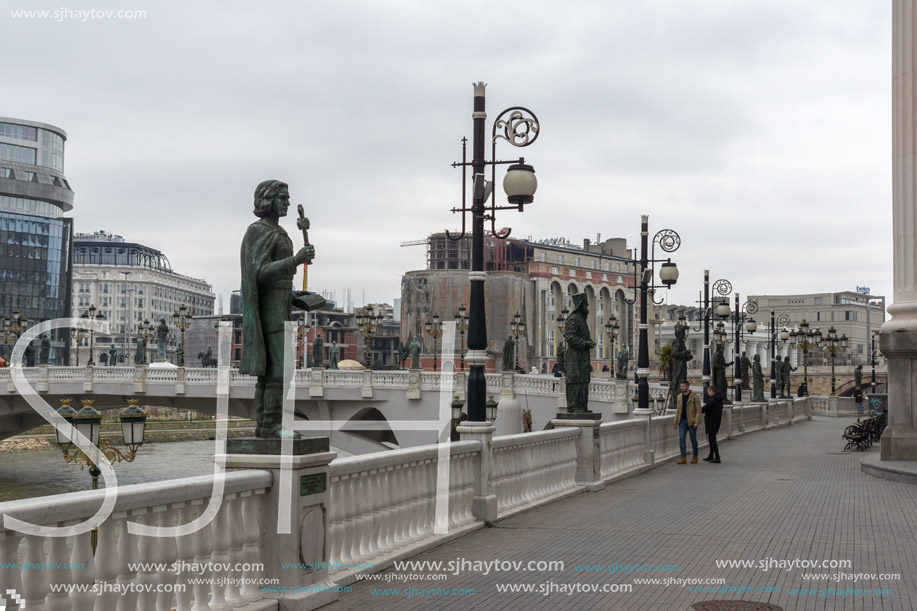 SKOPJE, REPUBLIC OF MACEDONIA - FEBRUARY 24, 2018: River Vardar passing through City of Skopje center, Republic of Macedonia