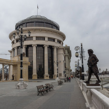 SKOPJE, REPUBLIC OF MACEDONIA - FEBRUARY 24, 2018: colonnade near Vardar River in  the center of City of Skopje, Republic of Macedonia