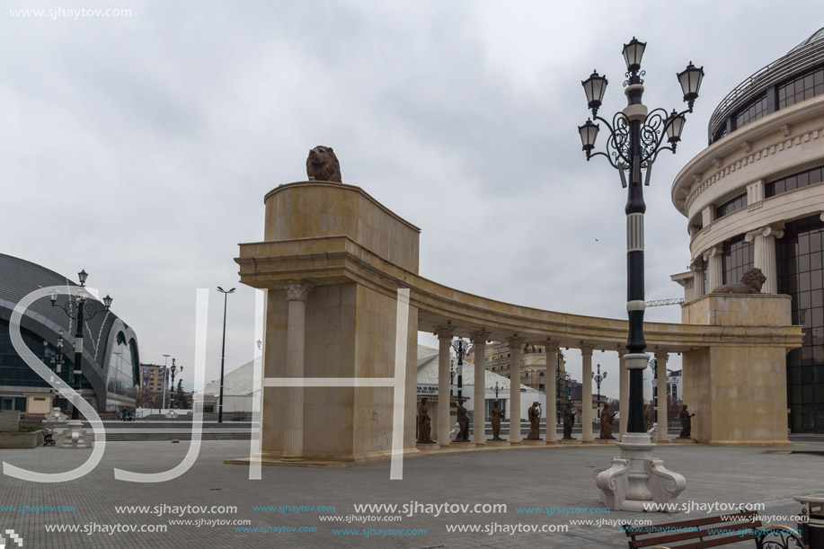 SKOPJE, REPUBLIC OF MACEDONIA - FEBRUARY 24, 2018: colonnade near Vardar River in  the center of City of Skopje, Republic of Macedonia