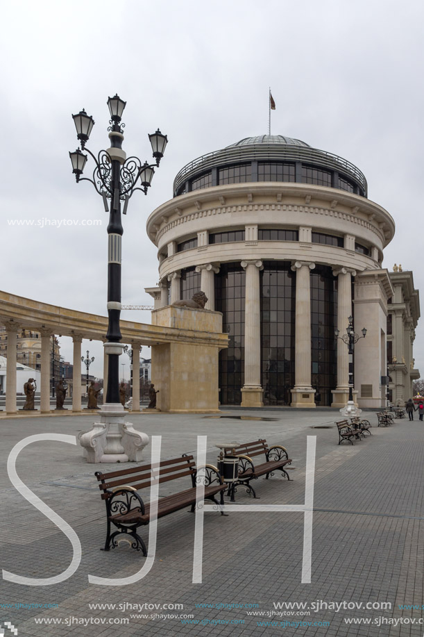 SKOPJE, REPUBLIC OF MACEDONIA - FEBRUARY 24, 2018: colonnade near Vardar Rive in  the center of City of Skopje, Republic of Macedonia