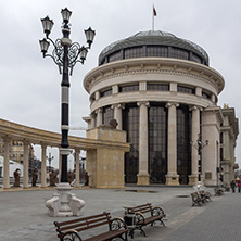 SKOPJE, REPUBLIC OF MACEDONIA - FEBRUARY 24, 2018: colonnade near Vardar Rive in  the center of City of Skopje, Republic of Macedonia