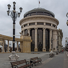 SKOPJE, REPUBLIC OF MACEDONIA - FEBRUARY 24, 2018: colonnade near Vardar River in  the center of City of Skopje, Republic of Macedonia