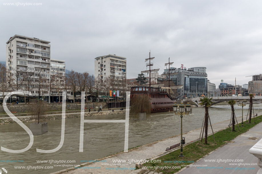 SKOPJE, REPUBLIC OF MACEDONIA - FEBRUARY 24, 2018: River Vardar passing through City of Skopje center, Republic of Macedonia