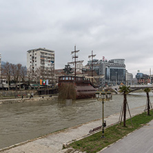 SKOPJE, REPUBLIC OF MACEDONIA - FEBRUARY 24, 2018: River Vardar passing through City of Skopje center, Republic of Macedonia