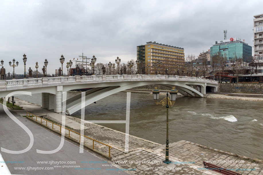 SKOPJE, REPUBLIC OF MACEDONIA - FEBRUARY 24, 2018:  Art Bridge and Vardar River  in city of  Skopje, Republic of Macedonia