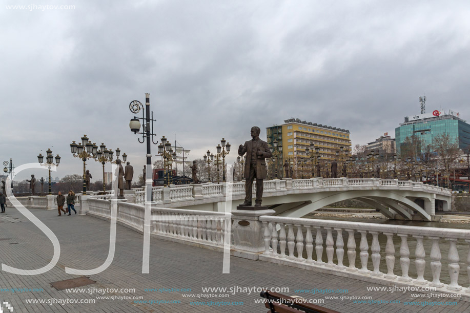 SKOPJE, REPUBLIC OF MACEDONIA - FEBRUARY 24, 2018:  Art Bridge and Vardar River  in city of  Skopje, Republic of Macedonia