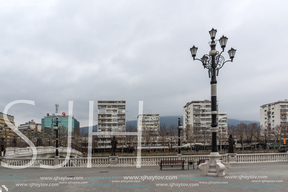 SKOPJE, REPUBLIC OF MACEDONIA - FEBRUARY 24, 2018:  Art Bridge and Vardar River  in city of  Skopje, Republic of Macedonia