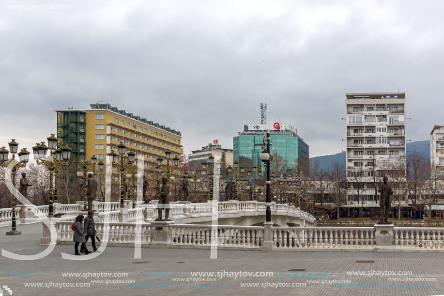 SKOPJE, REPUBLIC OF MACEDONIA - FEBRUARY 24, 2018:  Art Bridge and Vardar River  in city of  Skopje, Republic of Macedonia