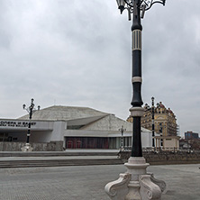 SKOPJE, REPUBLIC OF MACEDONIA - FEBRUARY 24, 2018: Mother Teresa Square and Opera House in  the center of City of Skopje, Republic of Macedonia