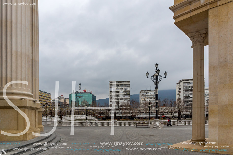 SKOPJE, REPUBLIC OF MACEDONIA - FEBRUARY 24, 2018:  Art Bridge and Vardar River  in city of  Skopje, Republic of Macedonia