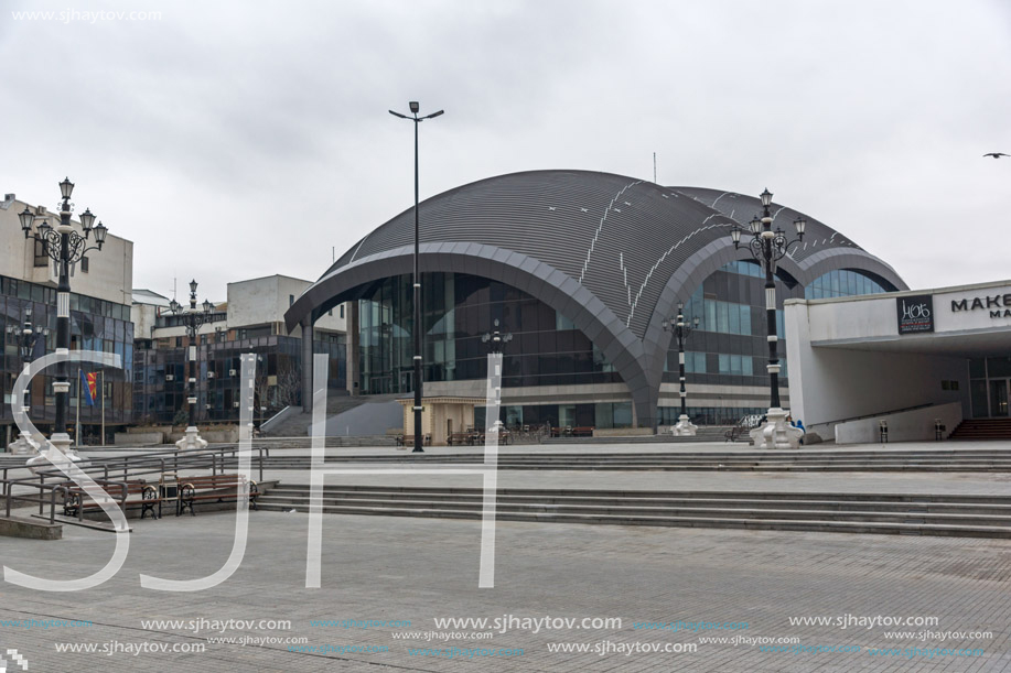SKOPJE, REPUBLIC OF MACEDONIA - FEBRUARY 24, 2018: Mother Teresa Square and Opera House in  the center of City of Skopje, Republic of Macedonia