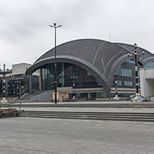 SKOPJE, REPUBLIC OF MACEDONIA - FEBRUARY 24, 2018: Mother Teresa Square and Opera House in  the center of City of Skopje, Republic of Macedonia