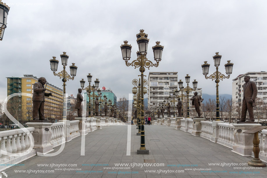 SKOPJE, REPUBLIC OF MACEDONIA - FEBRUARY 24, 2018:  Art Bridge and Vardar River  in city of  Skopje, Republic of Macedonia