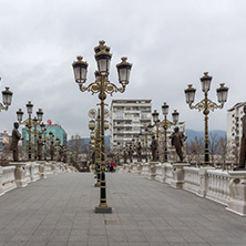 SKOPJE, REPUBLIC OF MACEDONIA - FEBRUARY 24, 2018:  Art Bridge and Vardar River  in city of  Skopje, Republic of Macedonia