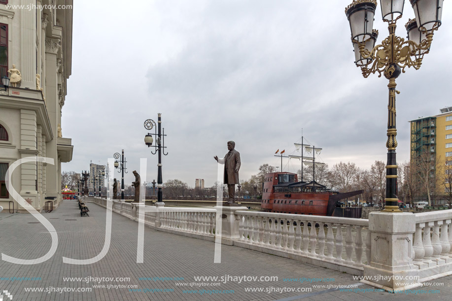 SKOPJE, REPUBLIC OF MACEDONIA - FEBRUARY 24, 2018:  Art Bridge and Vardar River  in city of  Skopje, Republic of Macedonia