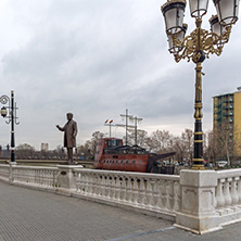 SKOPJE, REPUBLIC OF MACEDONIA - FEBRUARY 24, 2018:  Art Bridge and Vardar River  in city of  Skopje, Republic of Macedonia